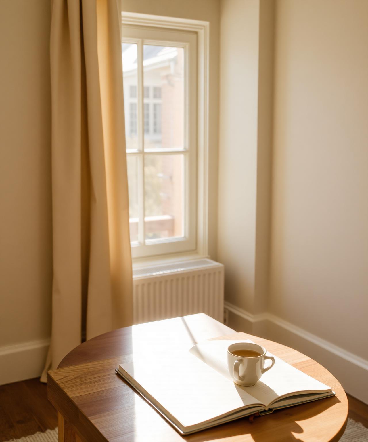 Soft morning light in a quiet room with an open notebook and a cup of tea